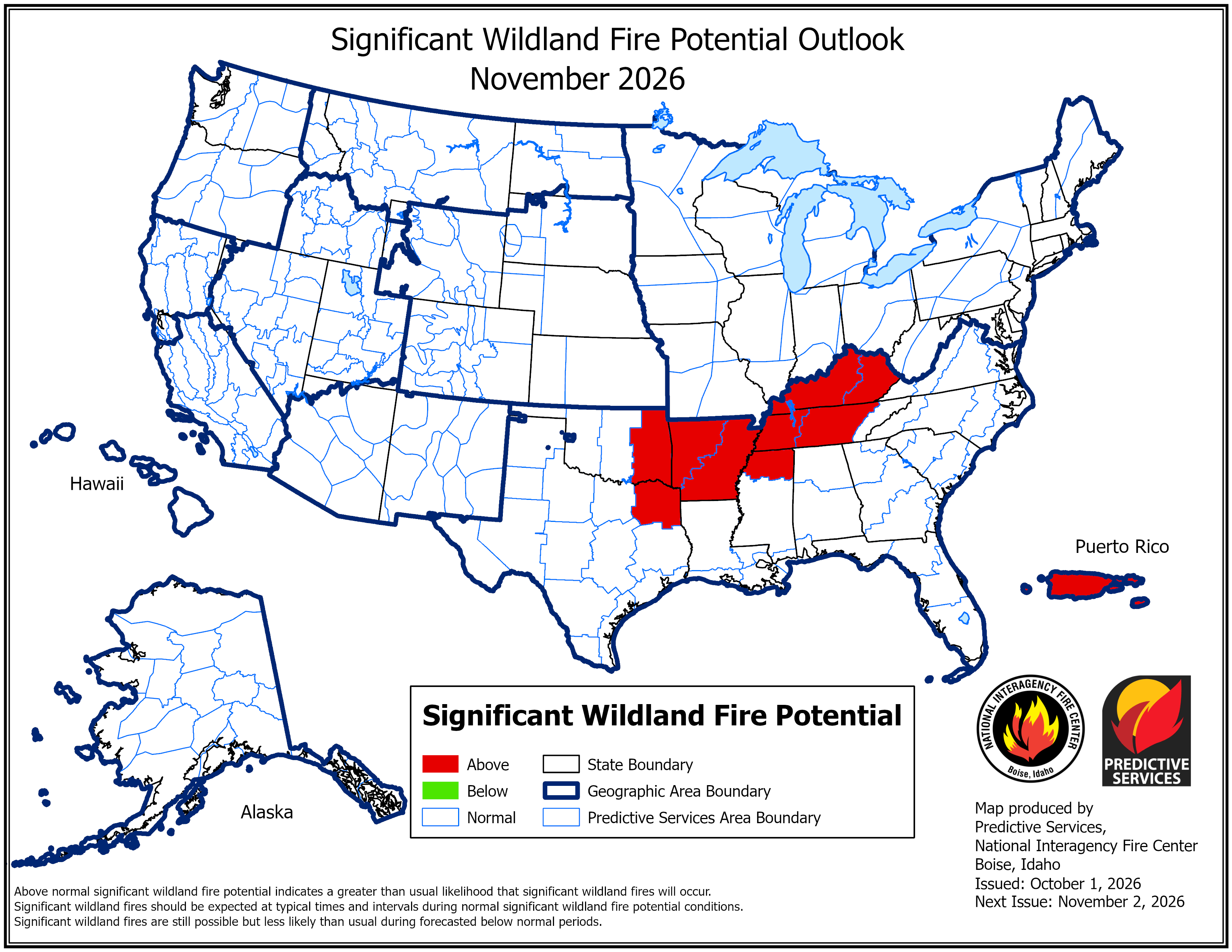 US fire potential outlook for November 2026