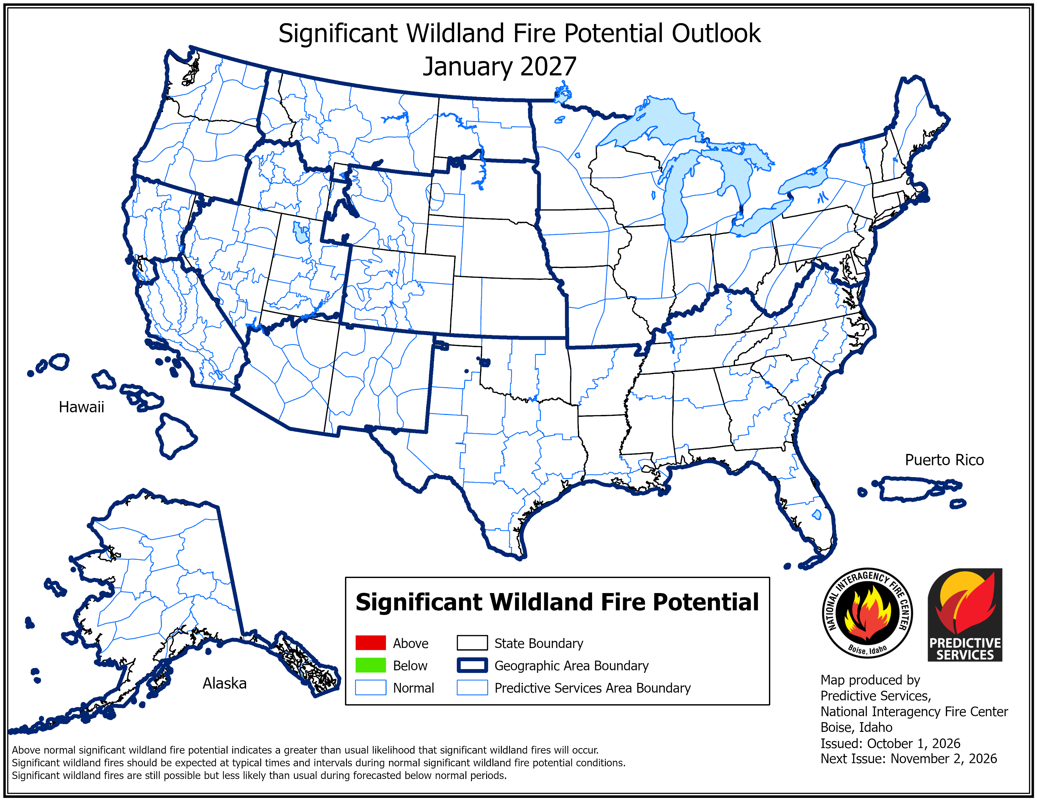 US Fire potential outlook for January 2027