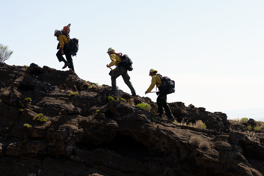 BLM wildland firefighters often hike in steep terrain.  Photo by Matt Irving, BLM contractor.